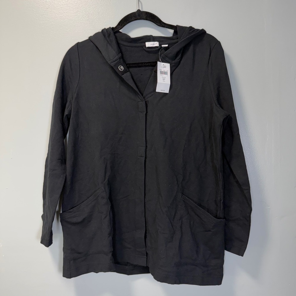 Pure Jill J. Jill Black Pima Cotton Blend Hooded Snap Front Cardigan Jacket SP‎